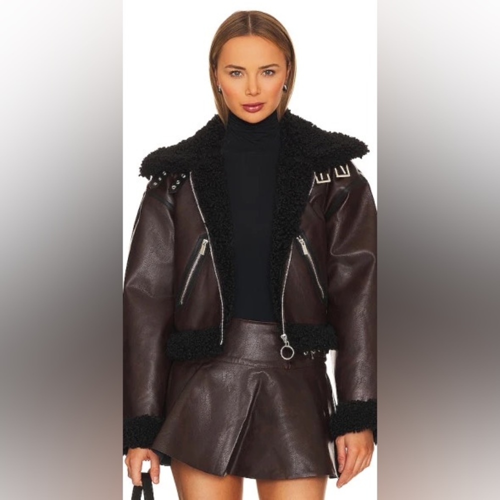 ISO WeWoreWhat Sherpa Brown Crop Leather Jacket - size XS, S or M